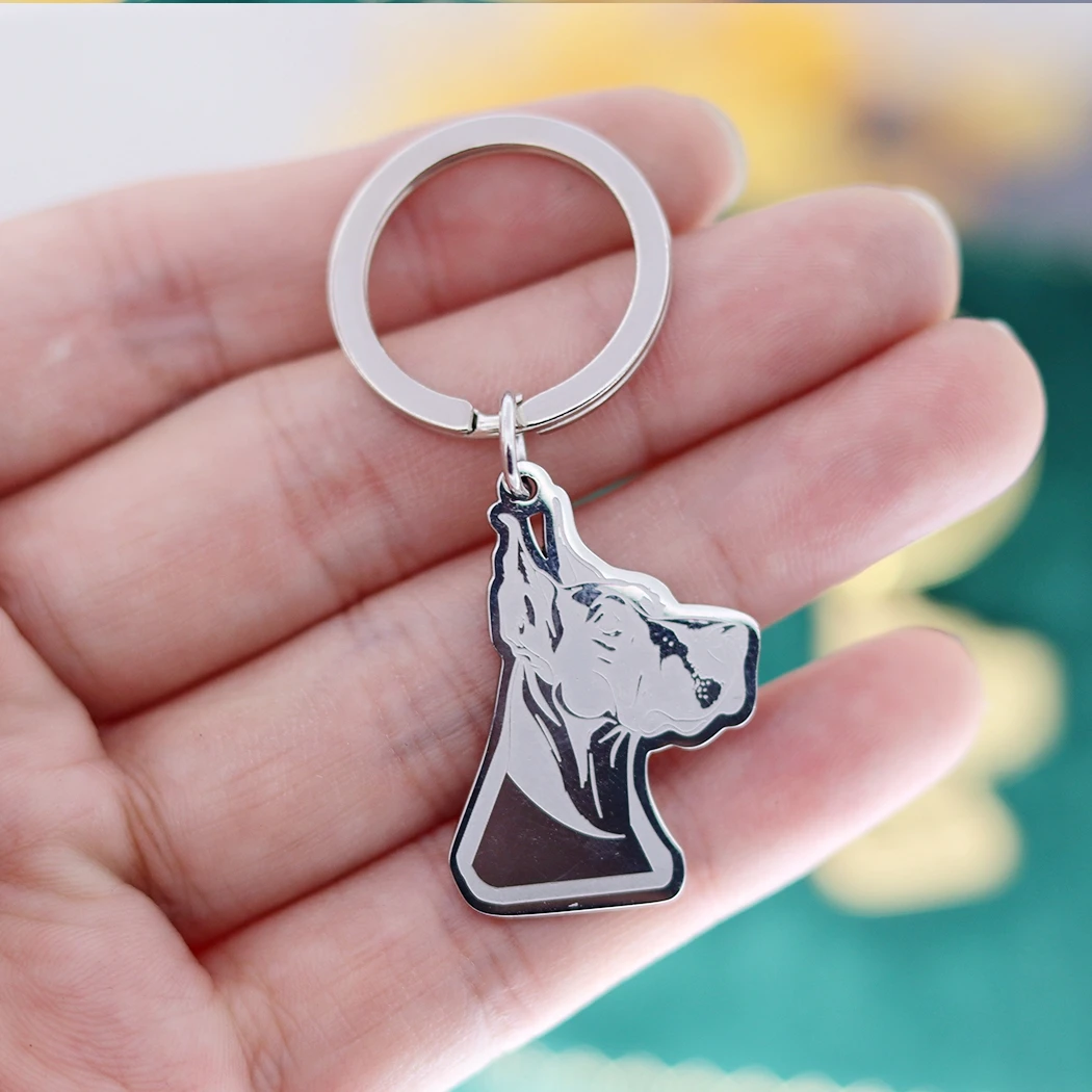 Fashion Golden Great Dane Dog Keychain for Kids Gifts Jewelry Pet Lucky Charms Stainless Steel Car Key Rings Deco Accessories