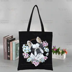 Bulldog francese grafico Harajuku Fashion Shopping Kawaii Dog Lover borse nere tela Tote Bag borsa di stoffa borsa a tracolla