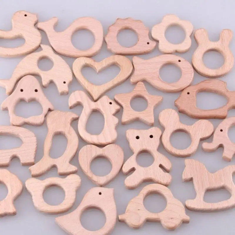 

581F Wooden Elephant Heart Rabbit Horse Ring Baby Teether Eco-Friendly Unfinished Baby Grasping Pacifier BPA Beech Ring