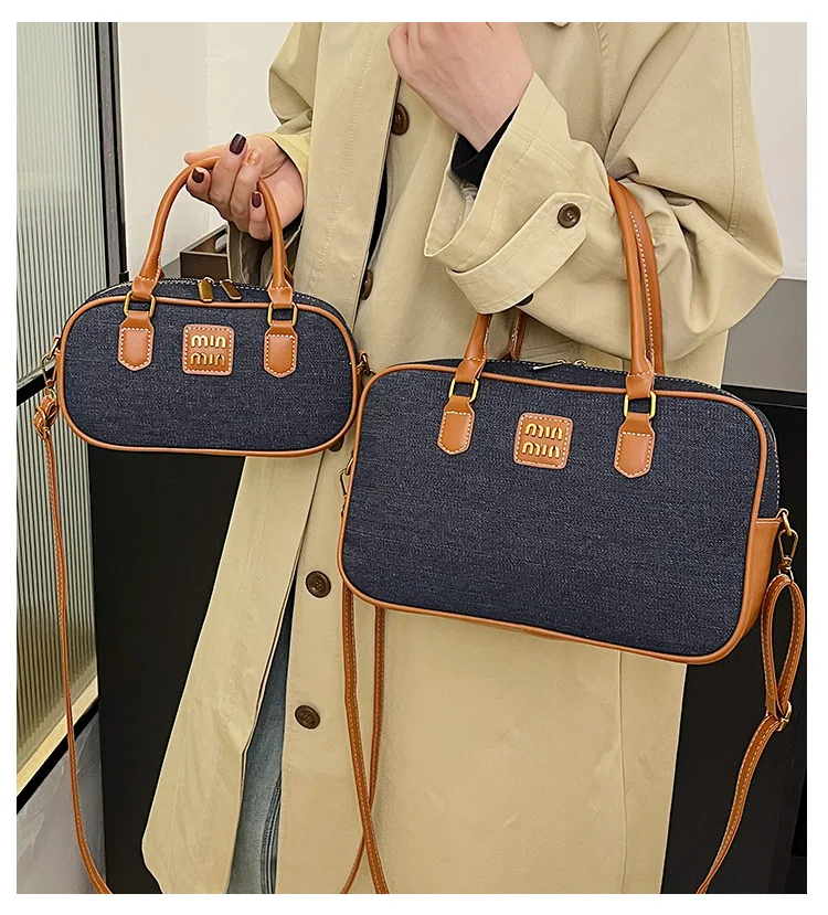 

‌2025 Fall Winter Denim Bowling Bag for Women, Retro Crossbody Bag with Color Block, Casual Vintage Purse
