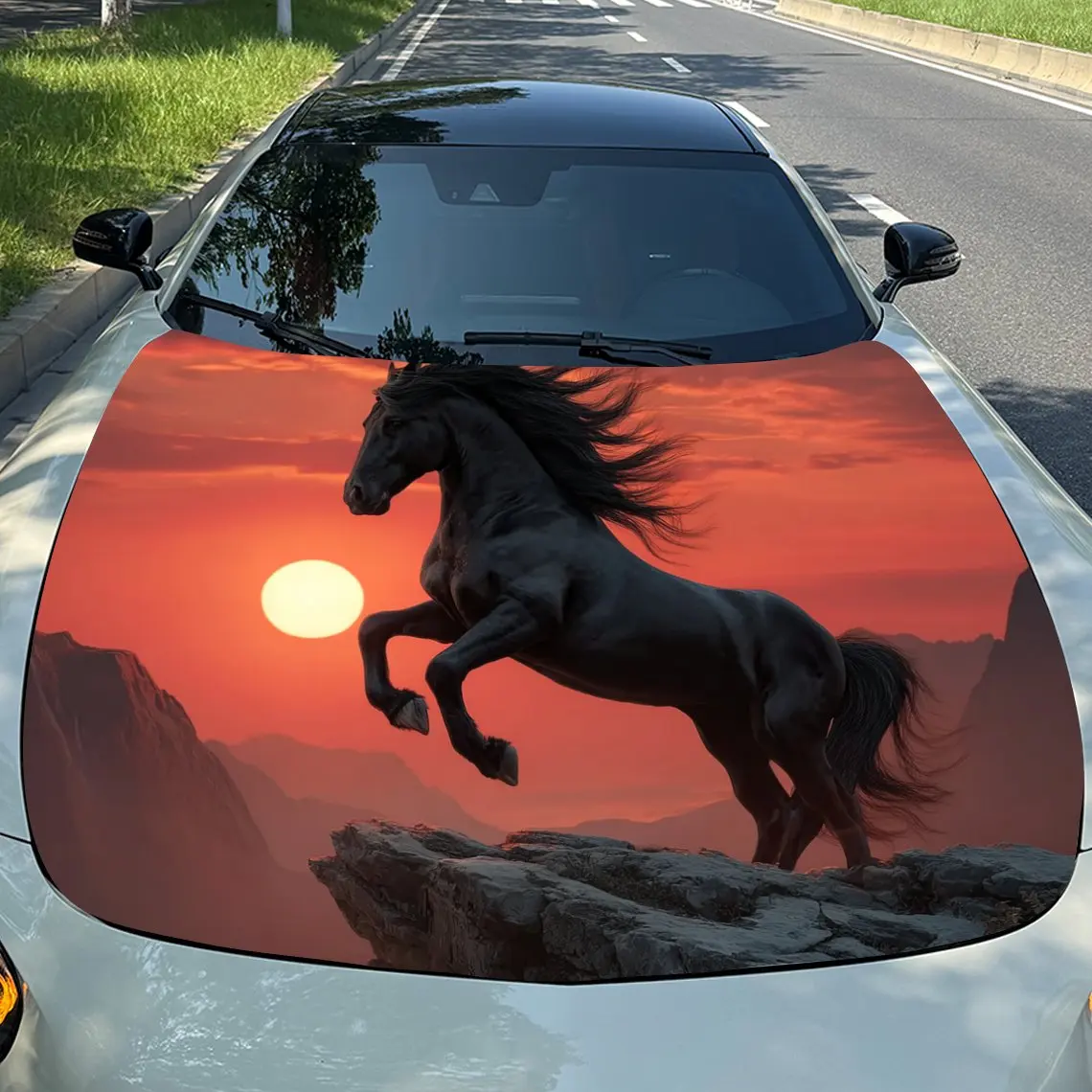 

The Black Horse On The Cliff Car Hood Vinyl Wraps Sticker, PVC Waterproof Car Bonnet Decals, Self-Adhesive Scratch-Resistant Sti