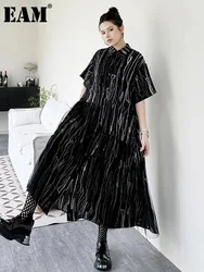 [EAM] Women Black White Tie Dye Mesh Big Size Midi Shirt Dress New Lapel Short Sleeve Fashion Tide Spring Summer 2024 1DH5962