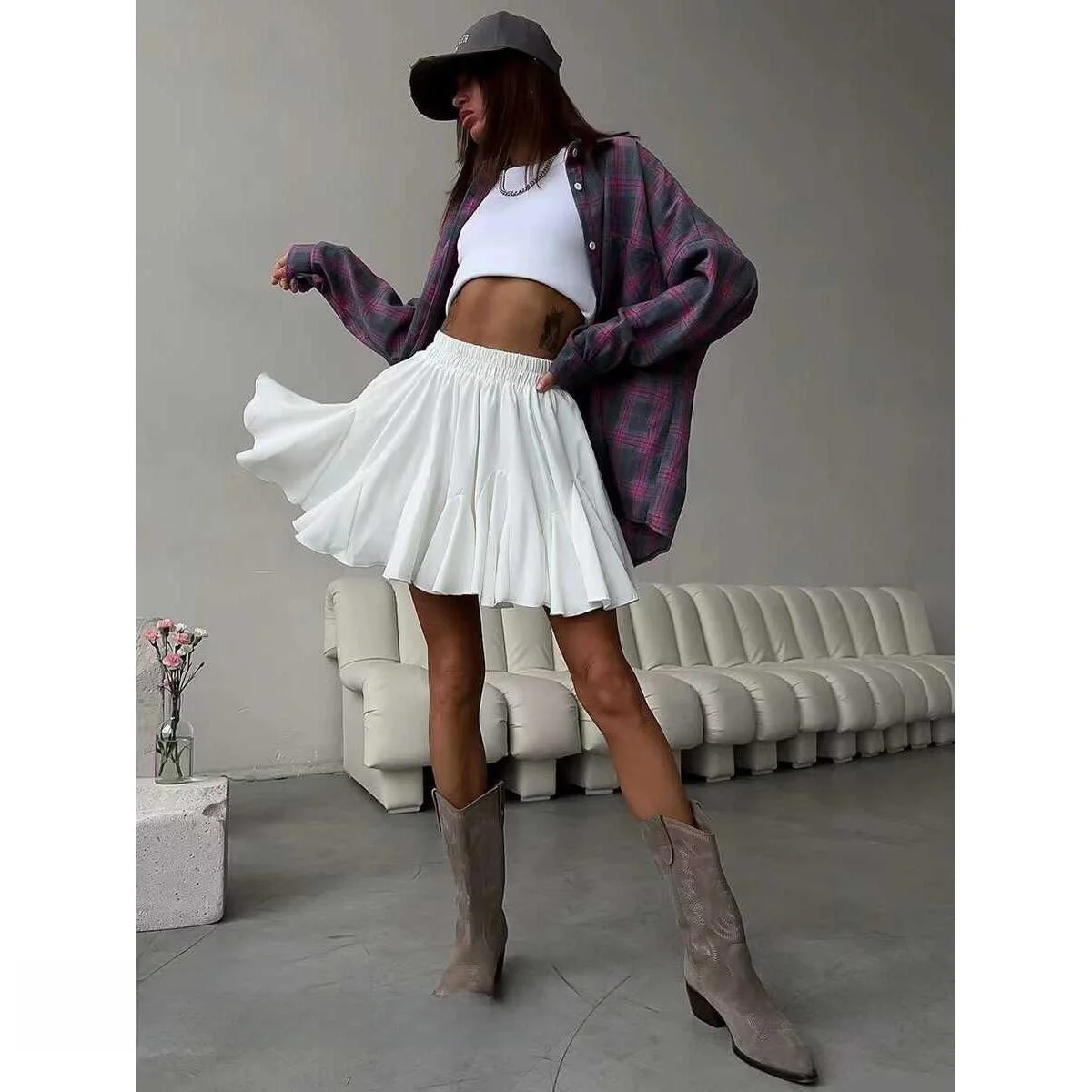 

Новая летняя плиссированная юбка чистого цвета с высокой талией, юбка трапециевидной формы, ткань для поездок на работу, другие ма...