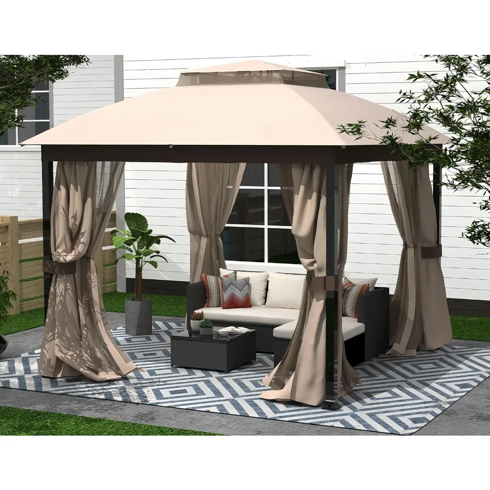 

Outdoor terrace pavilion 10x10, soft top pavilion with square metal frame, double-layer roof, mosquito net and privacy fence