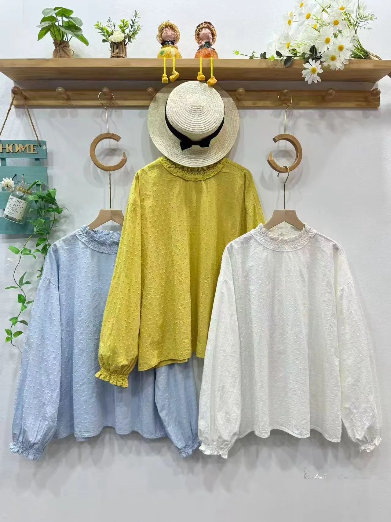 

Artistic Vintage Loose Fit Long Sve Pure Cotton Overhead irt Sweet Faion Color Versatile Top for Young Women