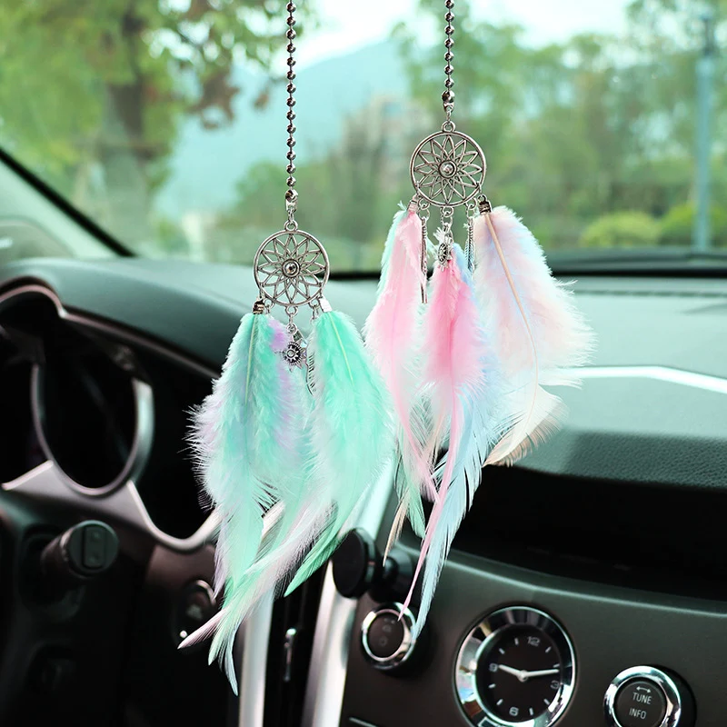 Dream Catcher Car Pendant Feather Mirror Pendant Home Decor Ornaments Car Interior Accessories Dream Catcher Feather Car Pendant