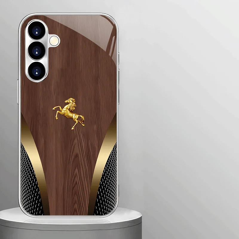 

Wood grain gold steed pattern black glass phone case suitable for Samsung Galaxy S26 S25 S24 S22 S21 S20 FE/Ultra/Plus anti drop