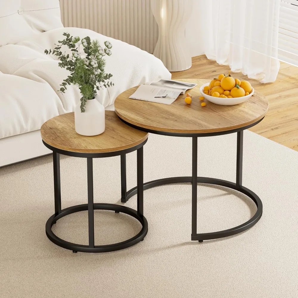 Smuxee Nesting Coffee Table Set of 2, 23.6 Round Coffee Table Brown Wood with Adjustable Non-Slip Feet, Industrial End Table Sid