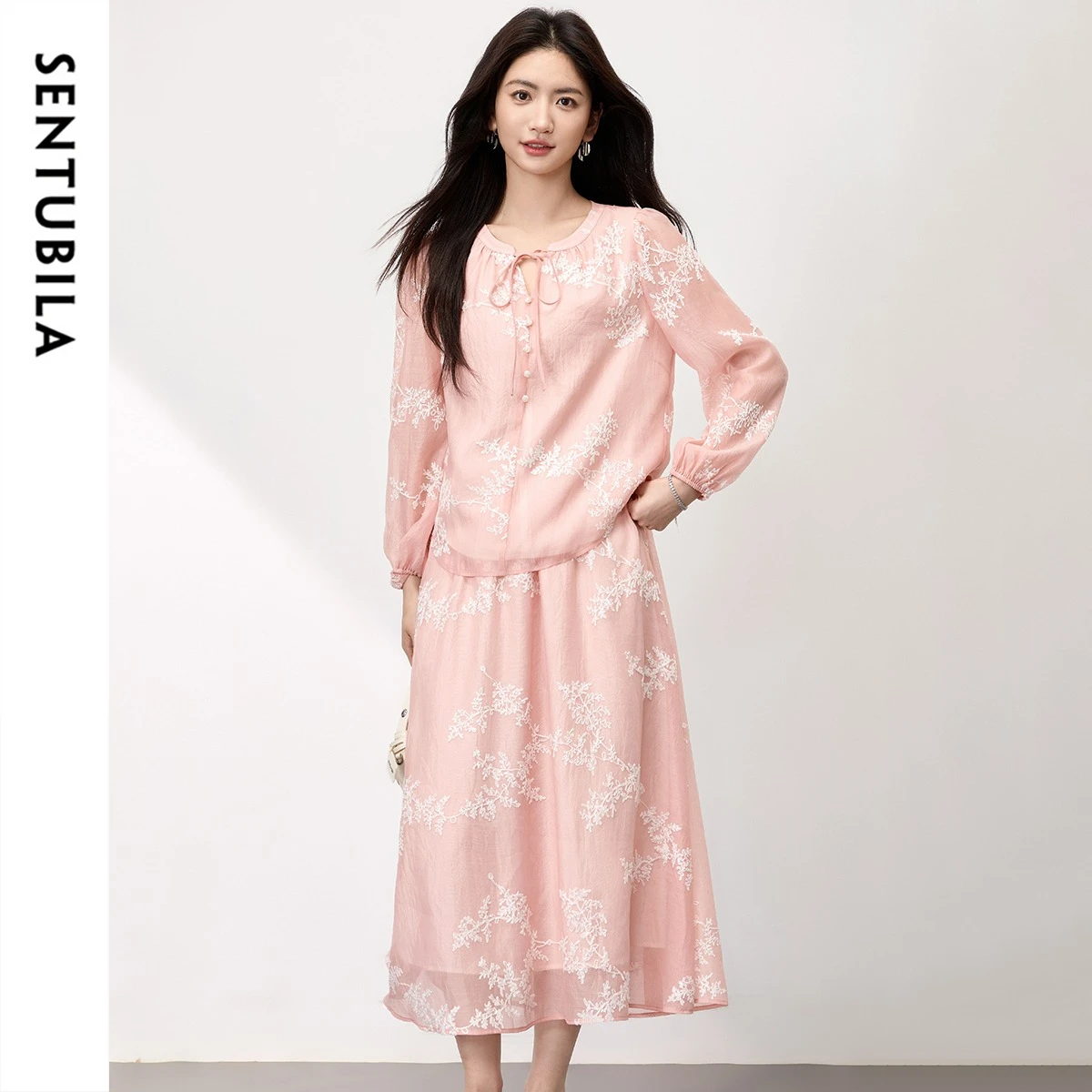 

SENTUBILA 2 Piece Sets Women Outfit Embroidery Lace Up Blouses A-line Midi Skirts Chinese Style Elegant Skirt Sets 151Z58221