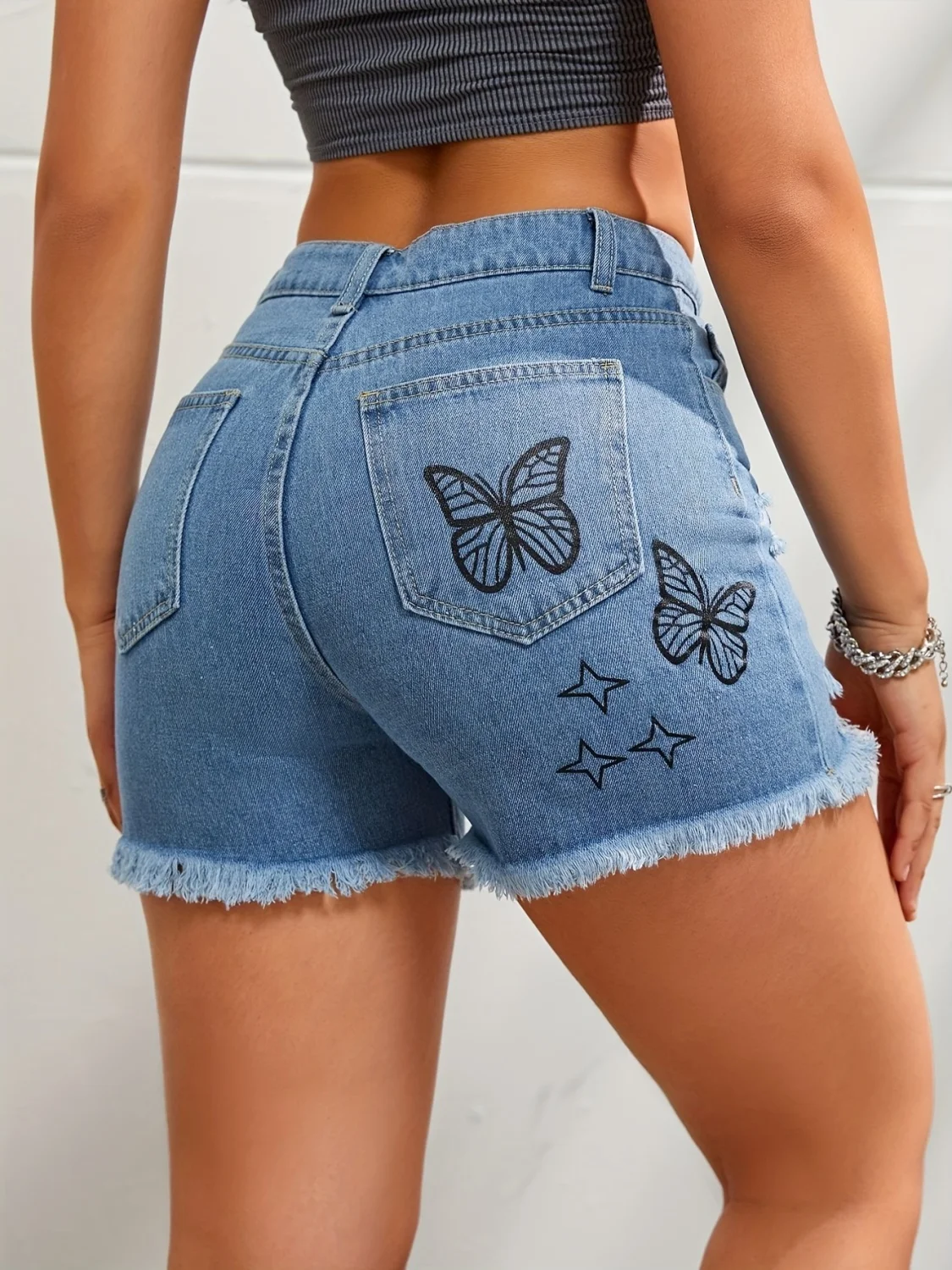 Denim Shorts Butterfly Print Raw Edge Cut Off Daily Casual High Waist Slim Versatile Women'S Summer New Straight Shorts