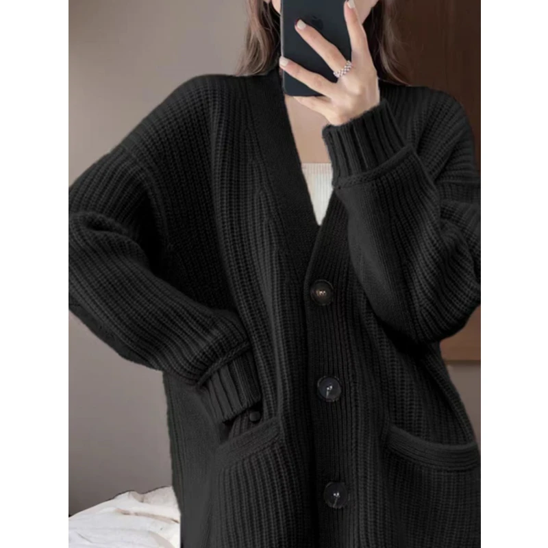 

Autumn/Winter Gentle Style V-neck Cardigan Loose Long Sleeve Women Sweater Casual Knitted Shirt Fashion Solid Coats with Pockets