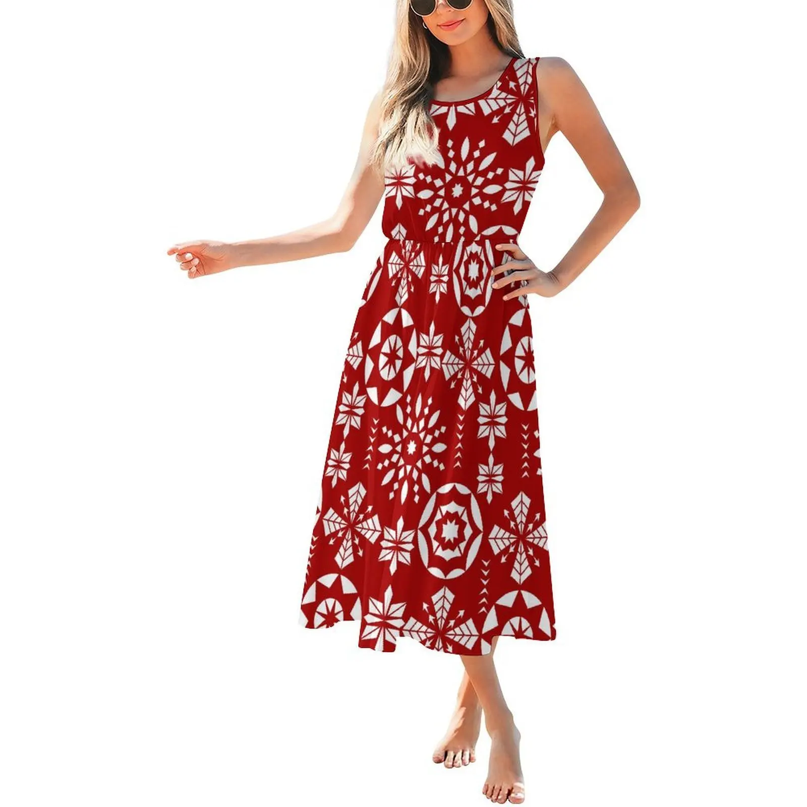 Polynesian Custom Patterned Round-Neck Sleeveless Cinched Waist Soft Fabric Elegant Women'S Dress Tribal Design