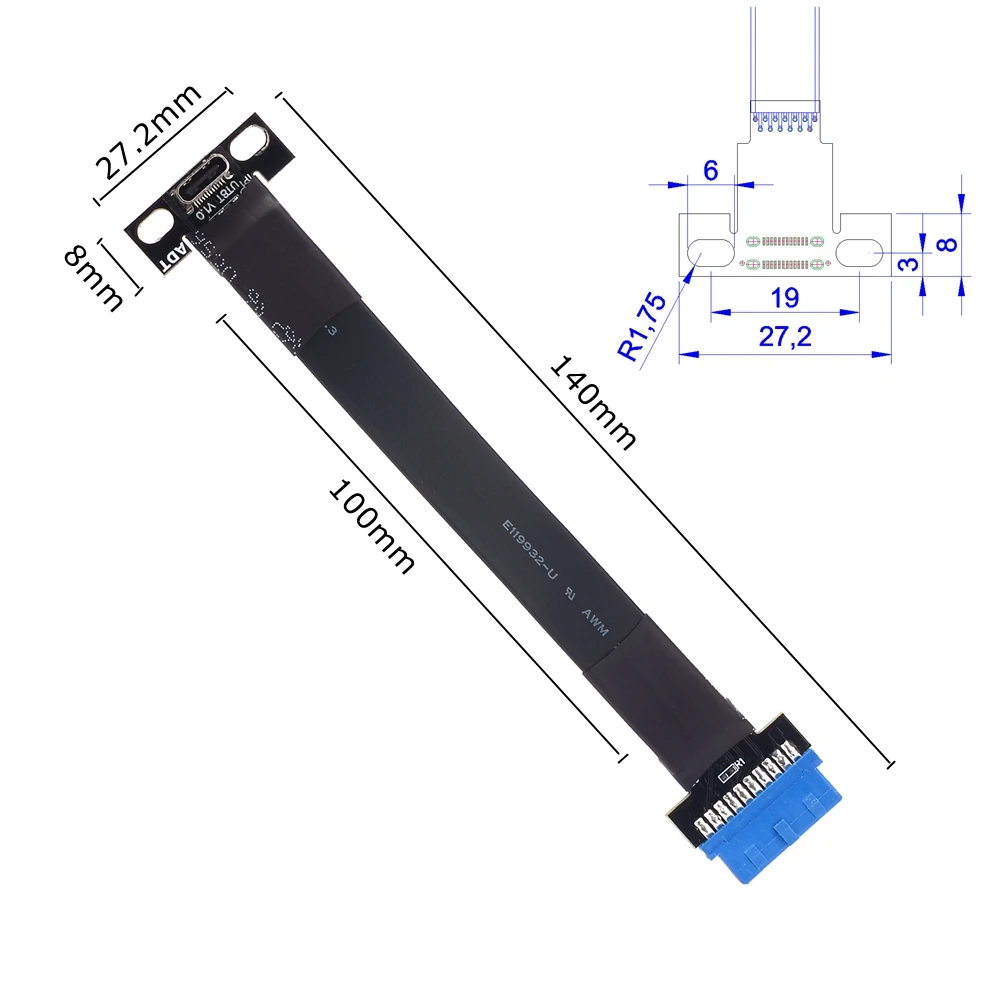 ADT-Link USB 3.0 Type-C Angled Female To Internal 19P 20P Type E Flat Ribbon Adapter FPC FPV Extension Cable for ITX A4 Extender