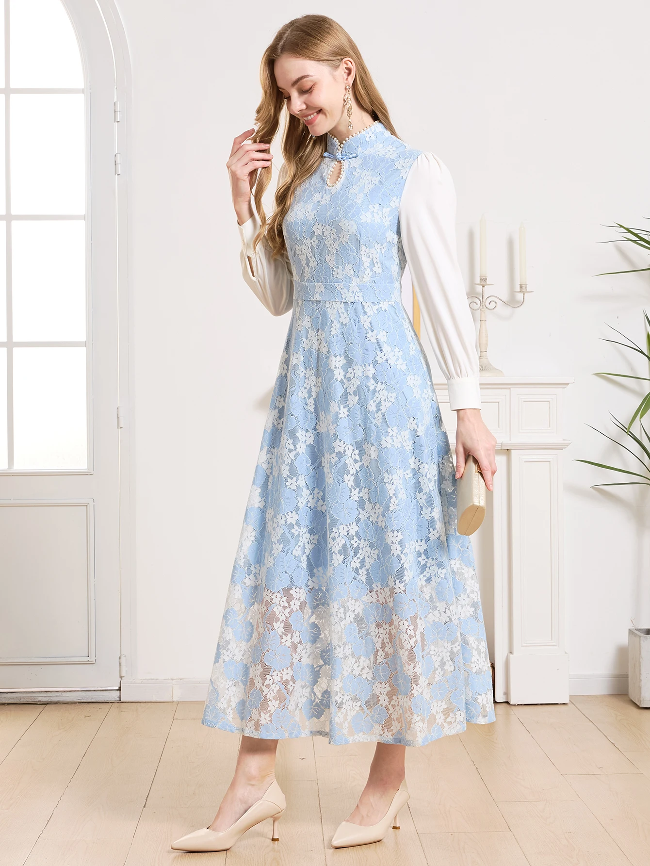DEVCHATA Elegantes Damenkleid Frühling Sommer Luxuriöse Spitze Partykleider Langarm Dame Formelle Abendkleidung
