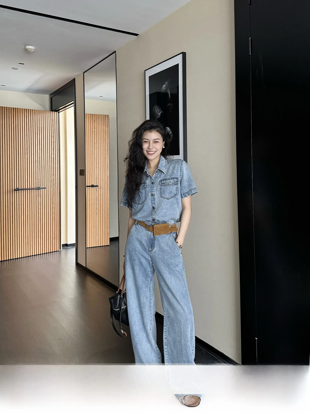 

Washed Denim Short Sleeve Shirt And Long Pants Set Casual Loose Fit Spring Fashion for Women in Their 30s by Zhang a Xing