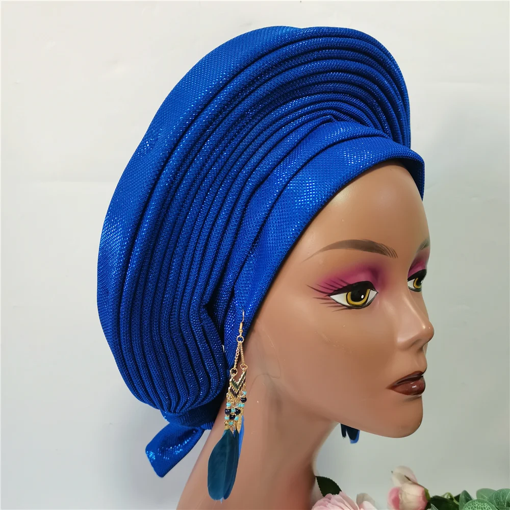 Afrykański czapka Turban zwykłe kolory z kolczykiem Nigeria chusta na głowę kobiety czapka nigeryjski kapelusz już wykonany Plus kolczyk 1 sztuk/paczka