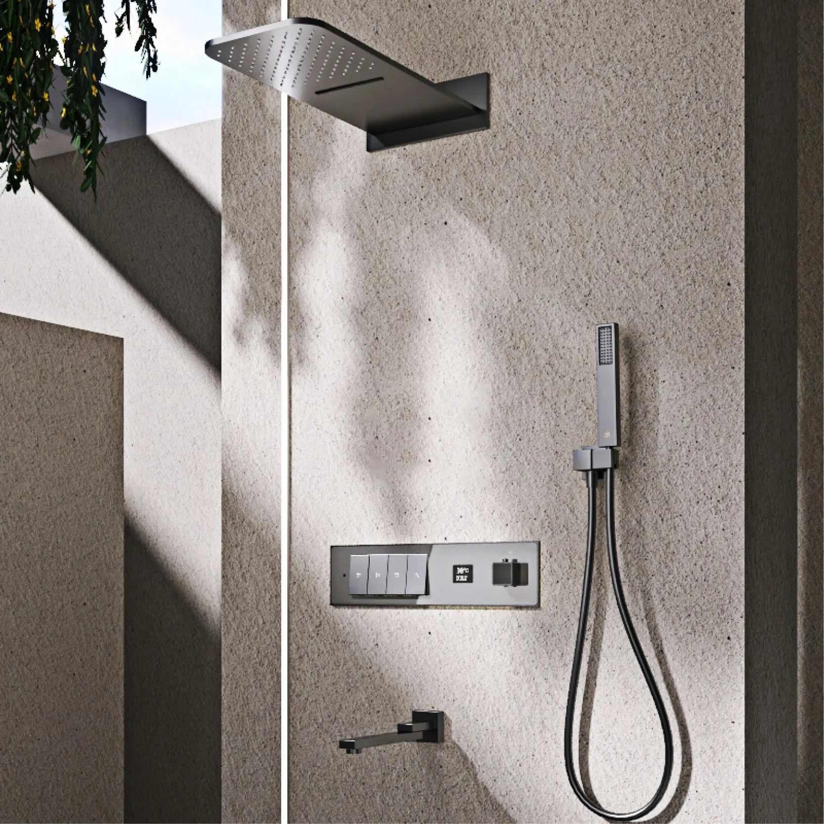 

LED digital display design Luxury brass black shower system Ceiling shower Wall mounted hot & cold water Bathroom Mixer
