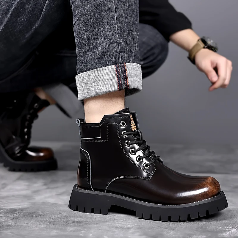 Lacquer leather men's short boots Fashionable minimalist British style office outdoor party Walking motorcycle leather shoes