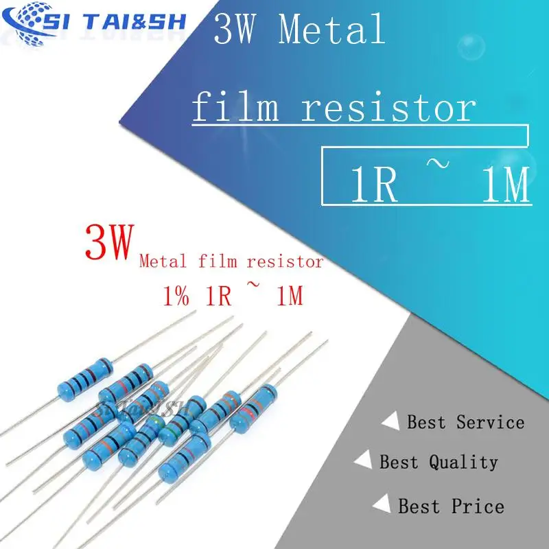 10pcs 3W Metal film resistor 1% 1R ~ 1M 1R 4.7R 10R 22R 33R 47R 1K 4.7K 10K 100K 1 4.7 10 22 33 47 4K7 ohm