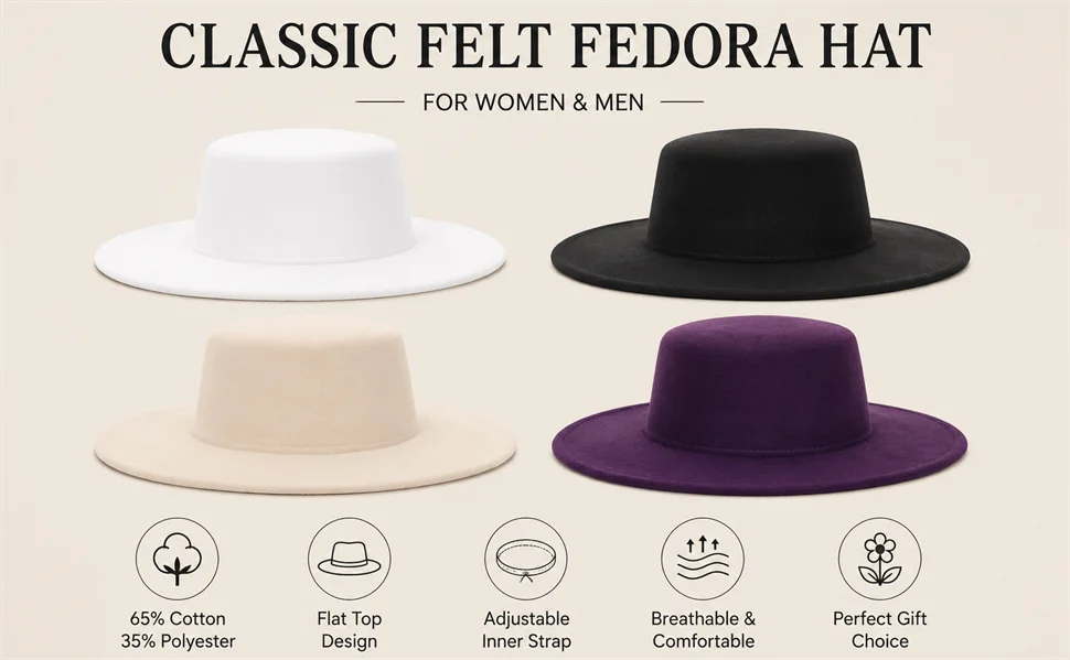 Elegante Frauen Männer Flache Top Breite Krempe Fedora Hut Herbst Winter Fedoras Boater Hut Kirche Panama Hüte – Detail 2