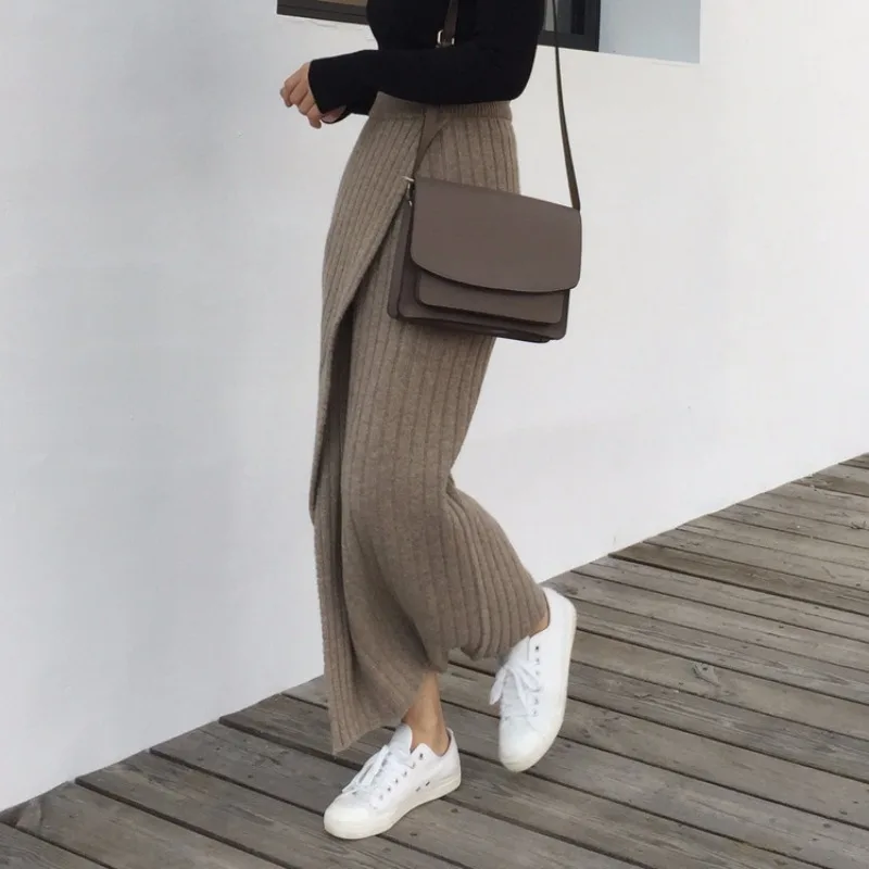 

Long Skirts Spliced Slit Women Winter Knitted A-Line Skirt Elegant Women'S Skirts High Waist Slim Skirts Vintage Casual Commuter