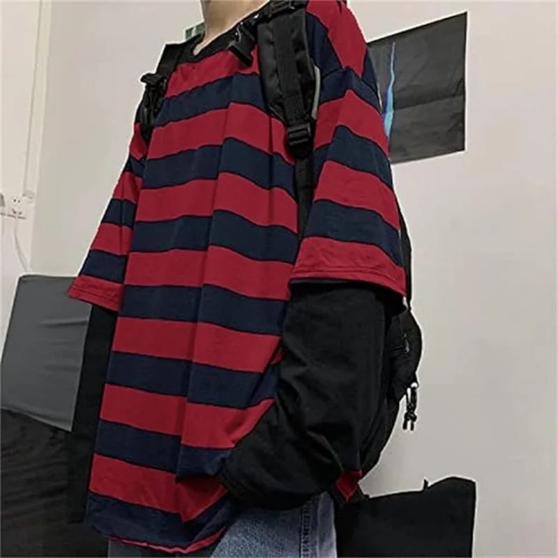 Y2k Gestreiftes Sweatshirt Tops Patchwork Gothic Grunge Langarm Übergroßes T-Shirt Harajuku Streetwear Academia Hip Hop T-Shirt