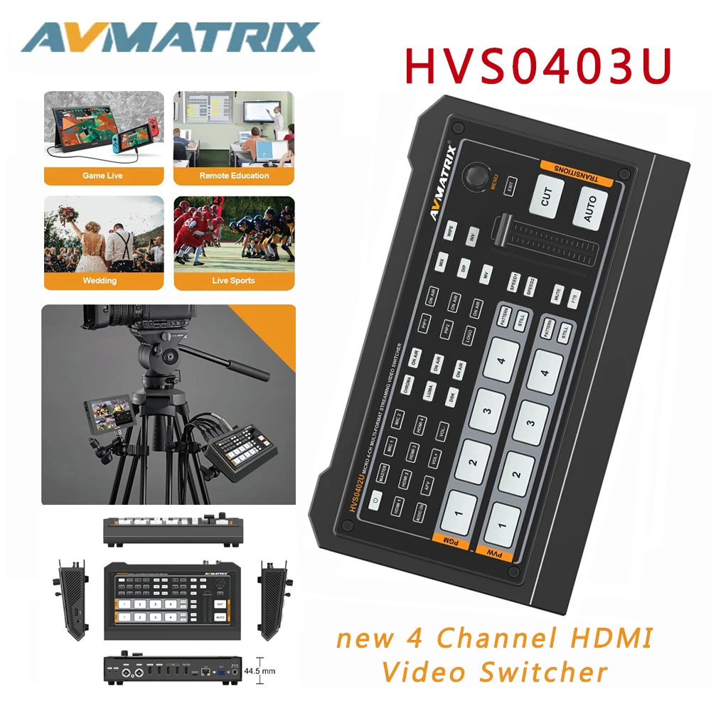 Avmatrix HVS0403U MICRO 4 CHANNEL HDMI-Compatibled Live Streaming on PC or Android Phones Video Switcher for TV Broadcasts