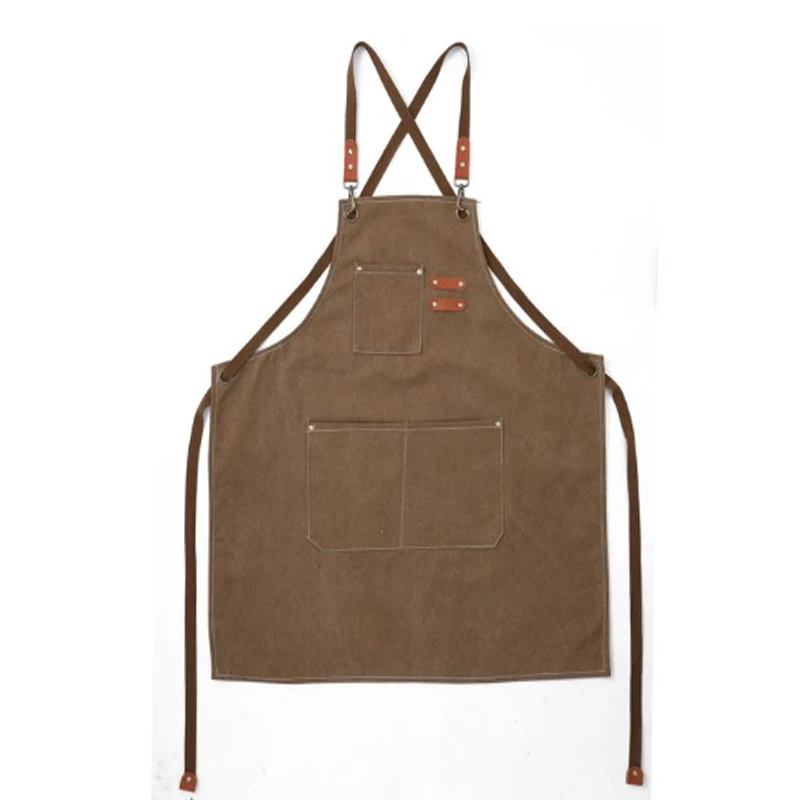 Unisex Canvas Bib Leather Chef Kitchen Apron Barista Bartender Pockets Apron Home Barber Coffee Restaurant Garden Pinafore