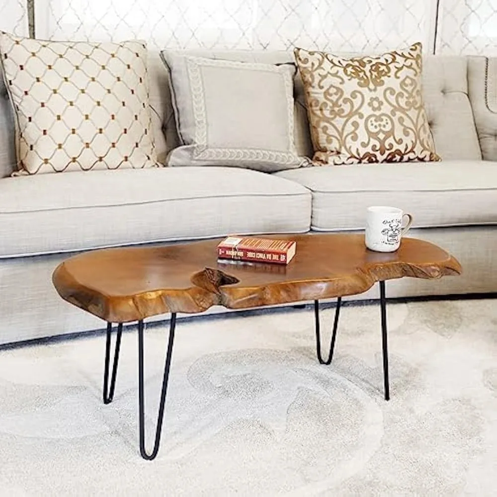 

WELLAND Live Edge Teak Coffee Table with Metal Legs 40 L x 17 W x 16 H Rustic Side Table for Living Room, Bedroom, Home Office