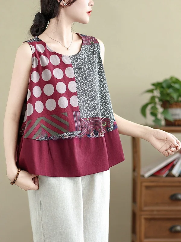 Loose Casual Geometric Polka Dot Print Patchwork A-Line Svel Small Vest Large Size Women's Clothing Summer Cotton Linen