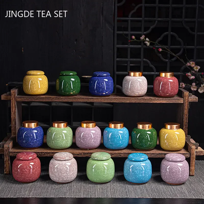 Ice Crack Glaze Metal Lid Tea Jar Ceramic Tea Storage Cans Portable Coffee Sealed Jars Kitchen Spice Moisture Proof Tank Teaware