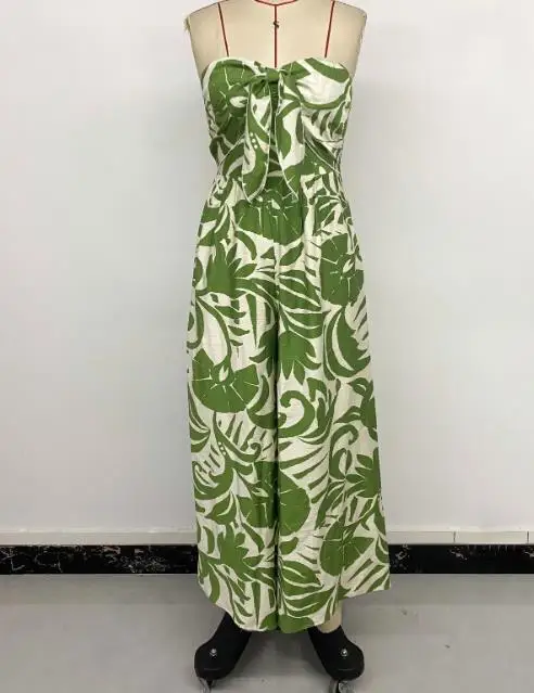 Summer New Vacation Style Fresh Style High Waisted Strapless Green Leaf Printed Casual Loose Jumpsuit
