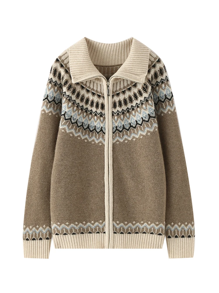 Women Fair Isle Sweater Cashmere Cardigans Zippers Thick Loose Clothes Autumn Winter 100% Cashmere Knitwear Warm Polo Collar Top