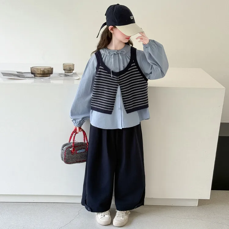 

Autumn Kids Girls 3pc Sets Bowknot Puff Sleeves Undershirt+Striped Vest+Wide Leg Pant Children Girls Sets Tennager Girls Outfit