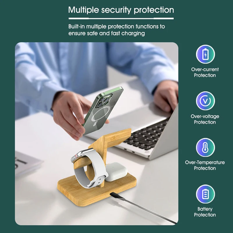 Bamboo 3 in 1  iPhone Wireless Charging Station 15W Charger Stand Dock for iPhone 14/13/12/11 iWatch se7/6/5/4 Airpods 4/3/2