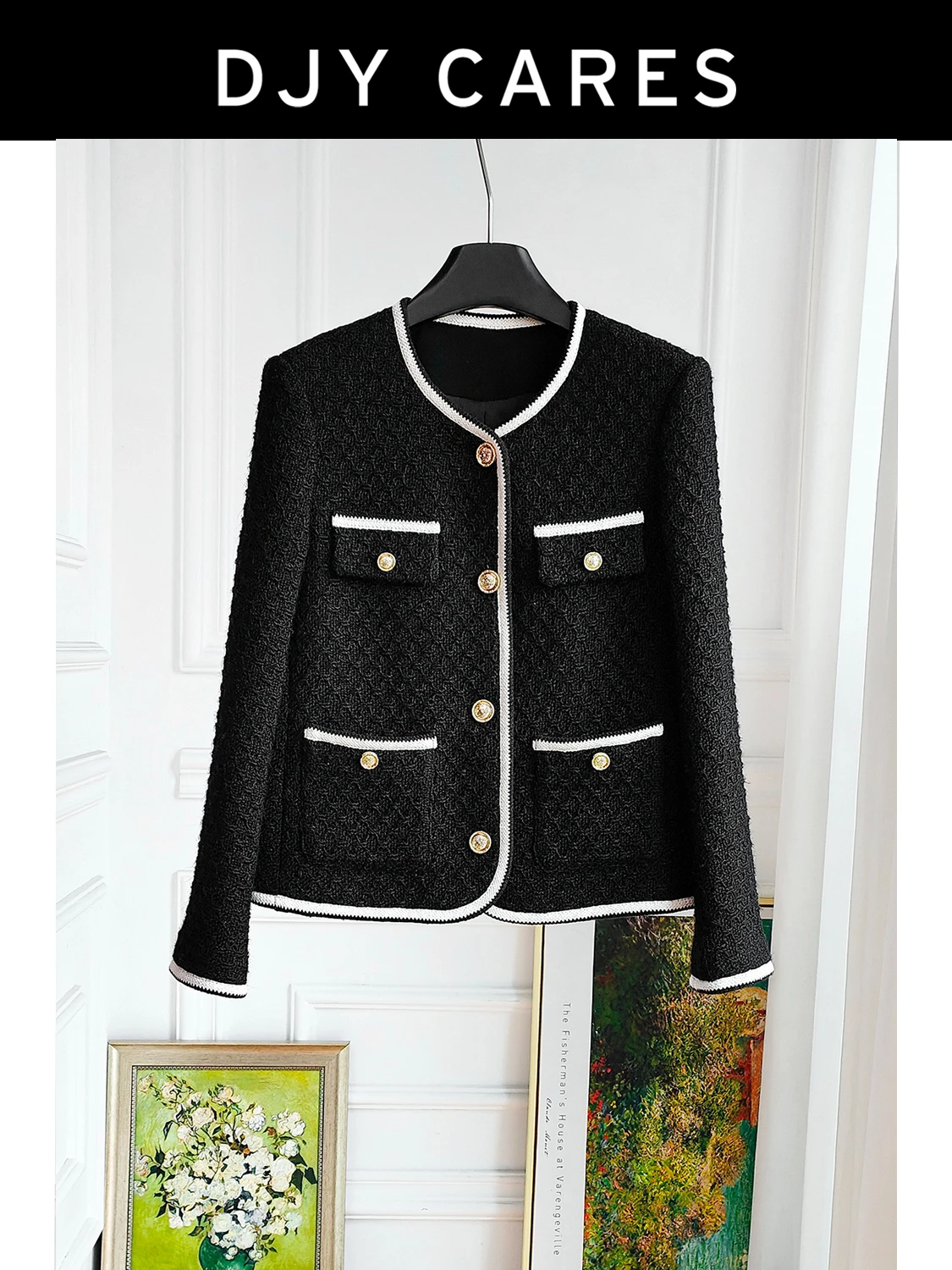 

New Coarse woolen classic versatile contrasting ribbon round neck jacket top big size