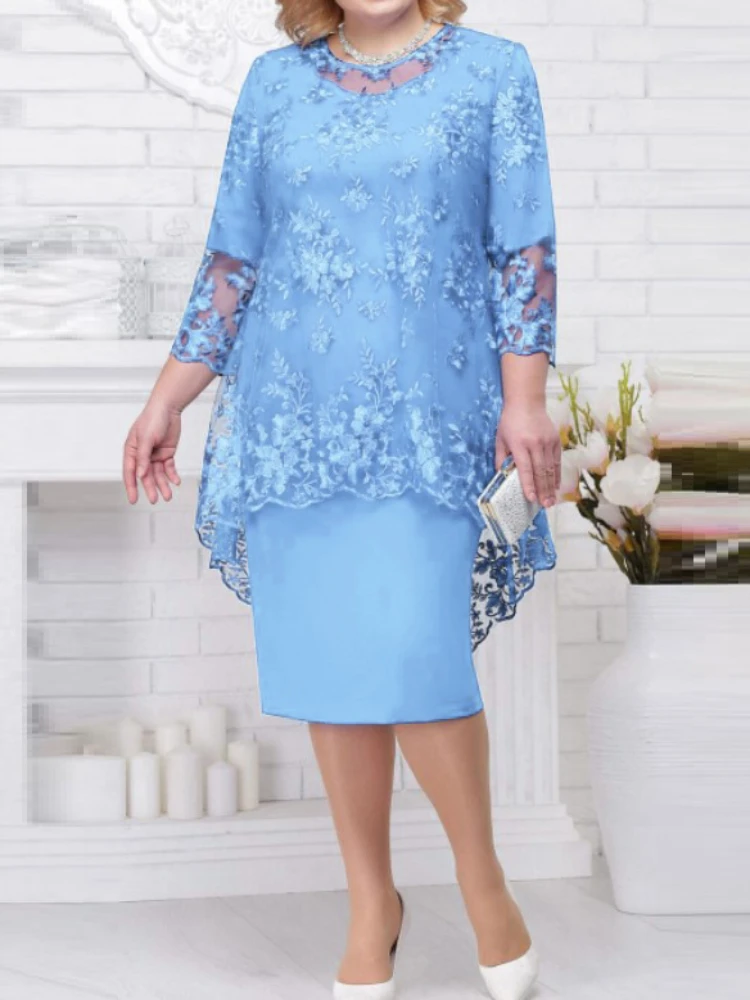 FSMG – robe de soirée grande taille pour femmes, ensemble deux pièces Slim Fit, couleur unie, col rond, taille haute, dentelle brodée