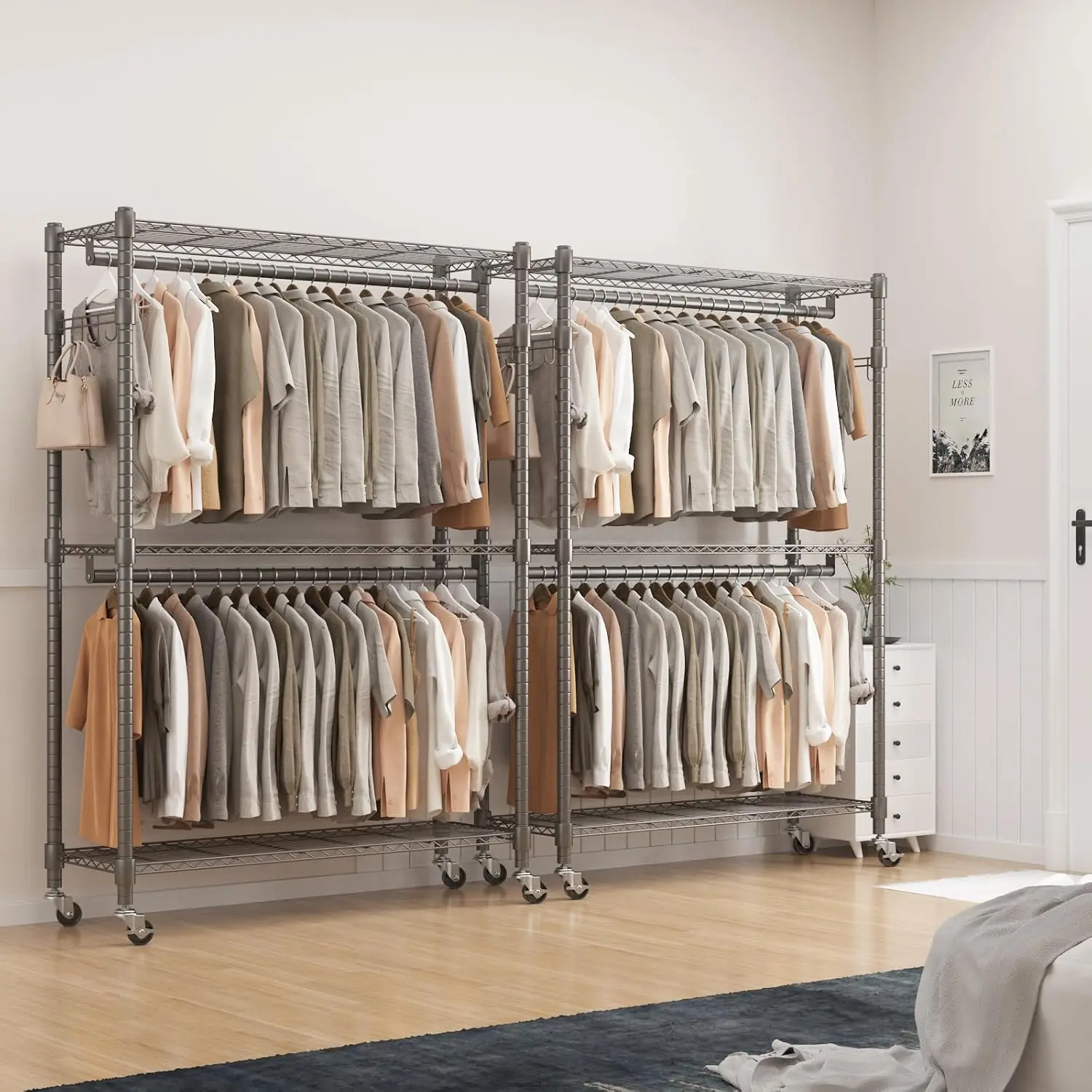 Heavy Duty Garment Rack on Wheels, Rolling Clothes Racks for hanging clothes, Simple Sturdy Wardrobe Rack