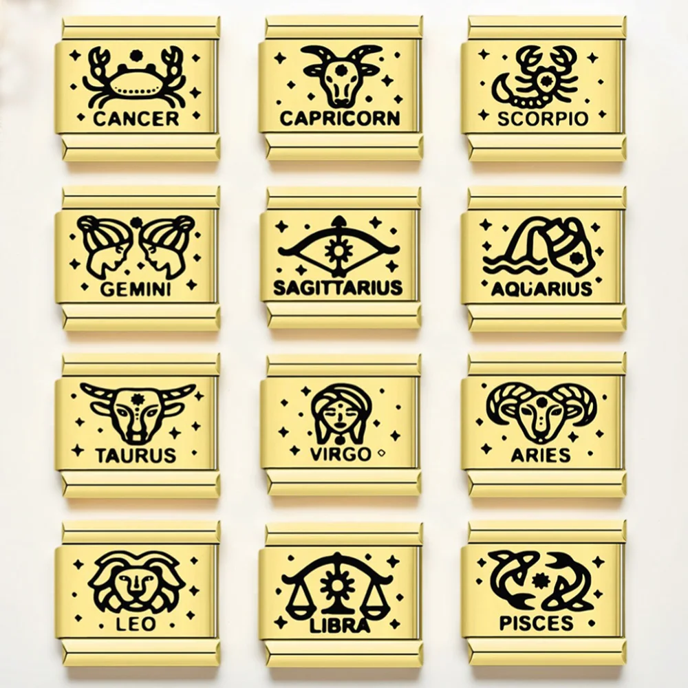 URING Klassische goldfarbene Laser-Charms mit 12 Sternbildern, italienische Passform für 9-mm-Armbänder, Edelstahl, DIY-Schmuckherstellung, Perlen – Detail 1
