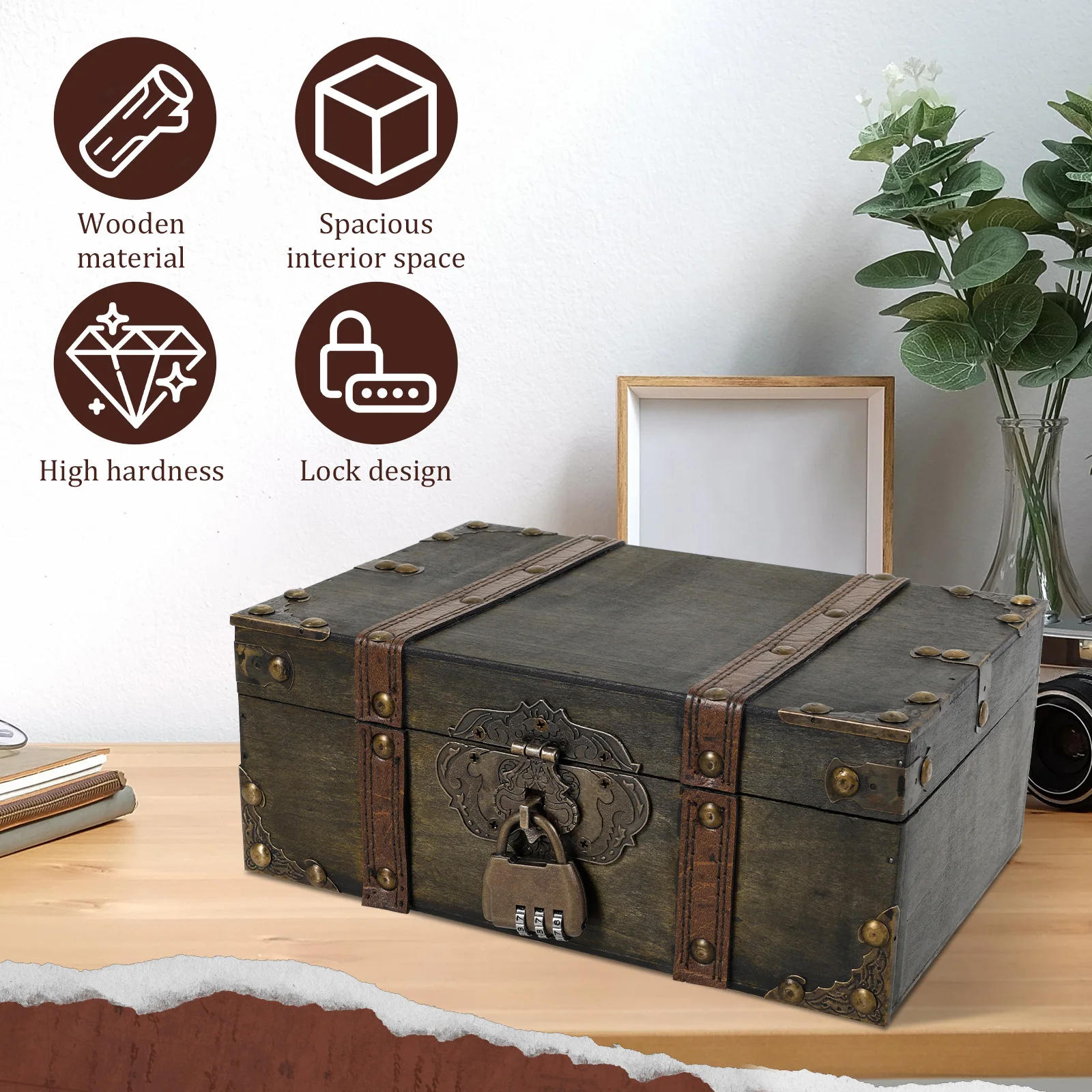 Vintage Wooden Jewelry Box with Combination Lock Antique Treasure Chest Memory Storage Box for Trinkets Money Keepsakes Photos