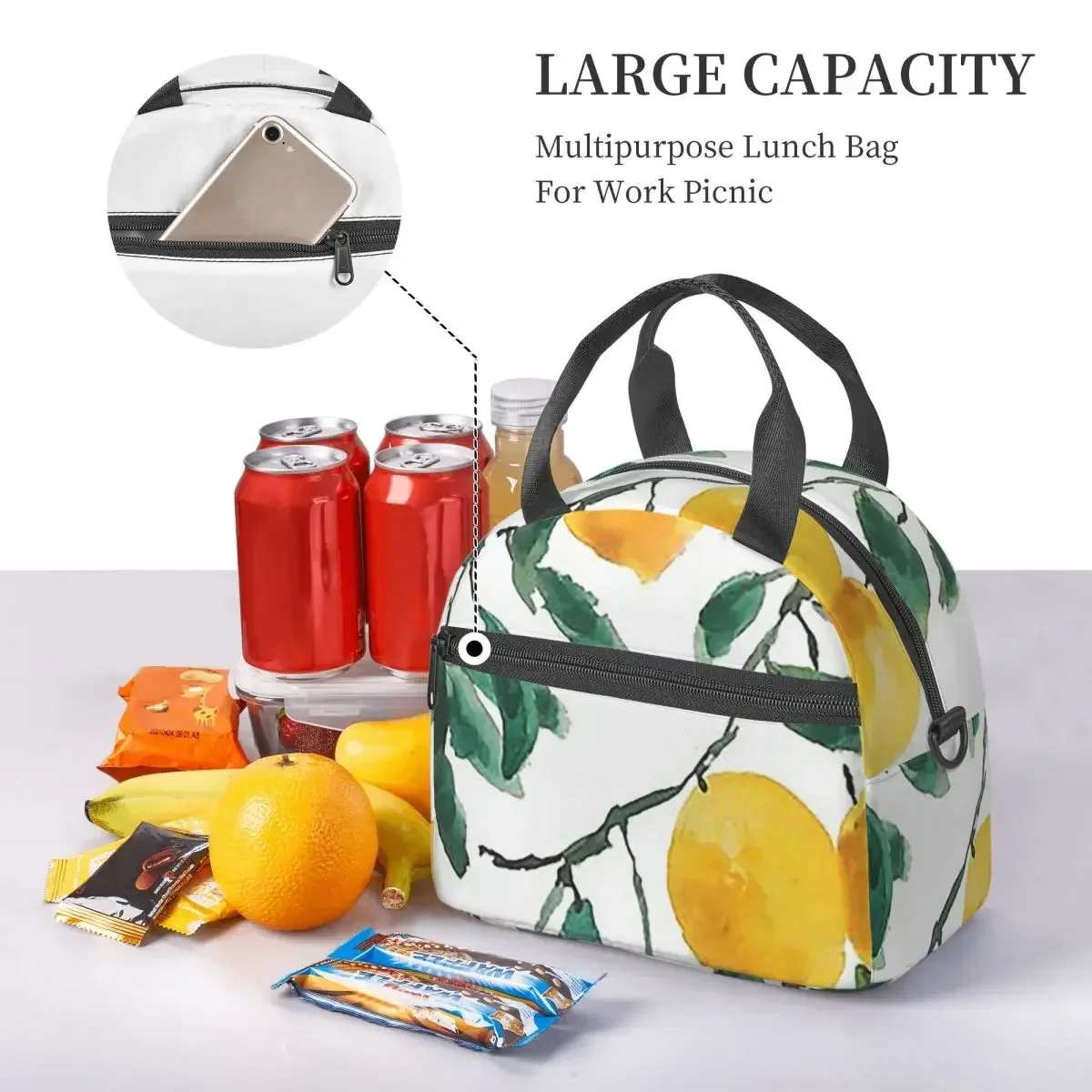 Hand Painted Yellow Lemon Watercol Insulated Lunch Bag for Women Bento Storage Food Boxes Portable Cooler Thermal Lunch Box Tote