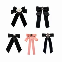 New Fashion Fabric Camellia Flower Brooch Crystal Bow Tie Korean College Style Shirt Collar Pins for Women Accessories