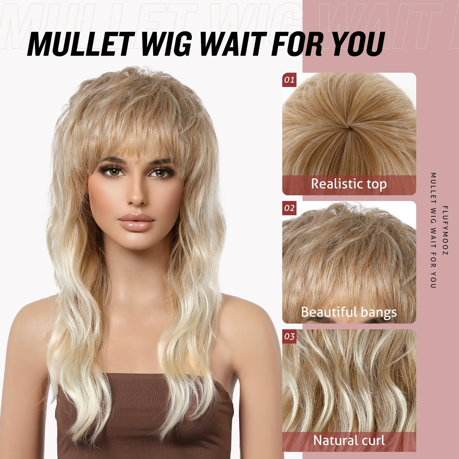 16Inch Short Mullet Wig with Bangs High Quality Ombre Blonde Wolf Cut Loose Wave Synthetic Wig for Women Everyday Wear Halloween