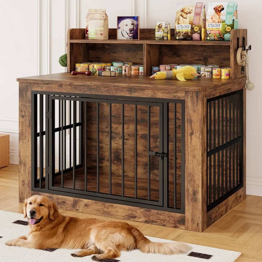 

Extra Large Dog Crate Furniture, 43.3 inches Wooden Dog Crate with Storage and 4 Hooks, Heavy Duty Pet Crate for Large Dog, Dec