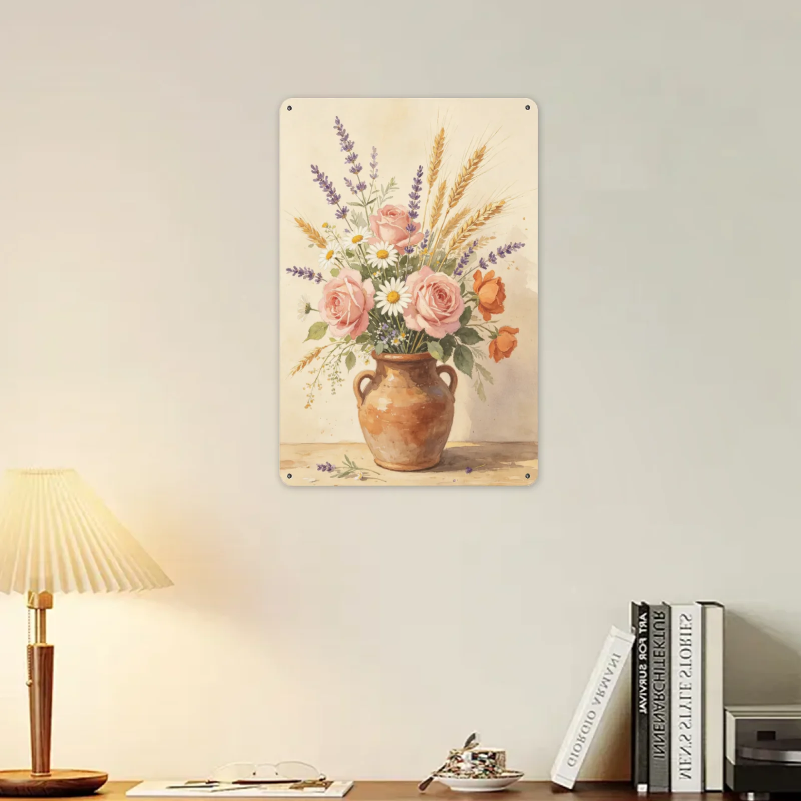 Vintage Vase Rose Lavender Daisy Wheat Metal Tin Sign Watercolor Floral Still Life Wall Art Farmhouse Home Decor Iron Plaque
