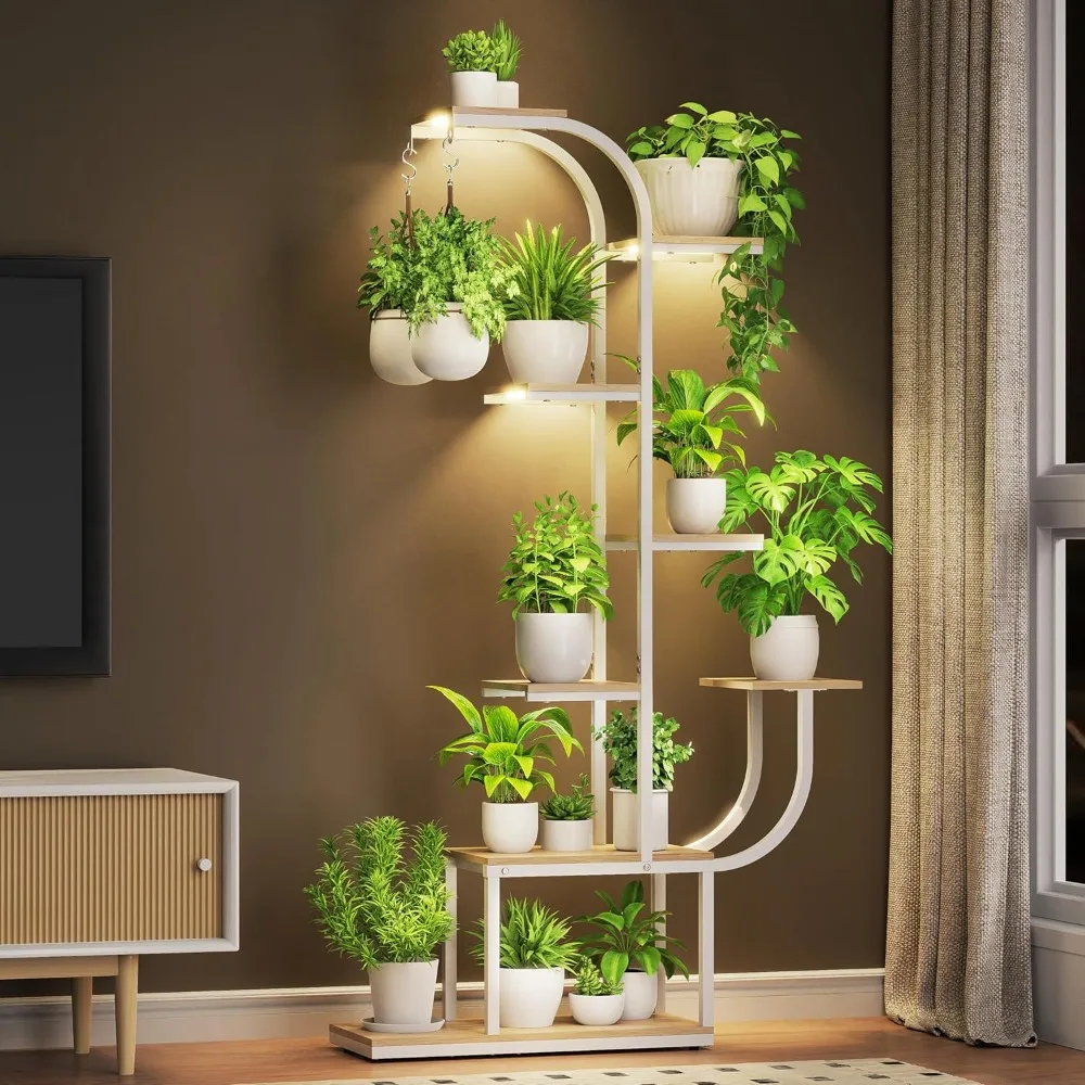 

7 Tier Tall Plant Shelf with Grow Light, Curve Shaped Lighted Plant Stand for Multiple Plants, Indoor Home Decor Display Rack