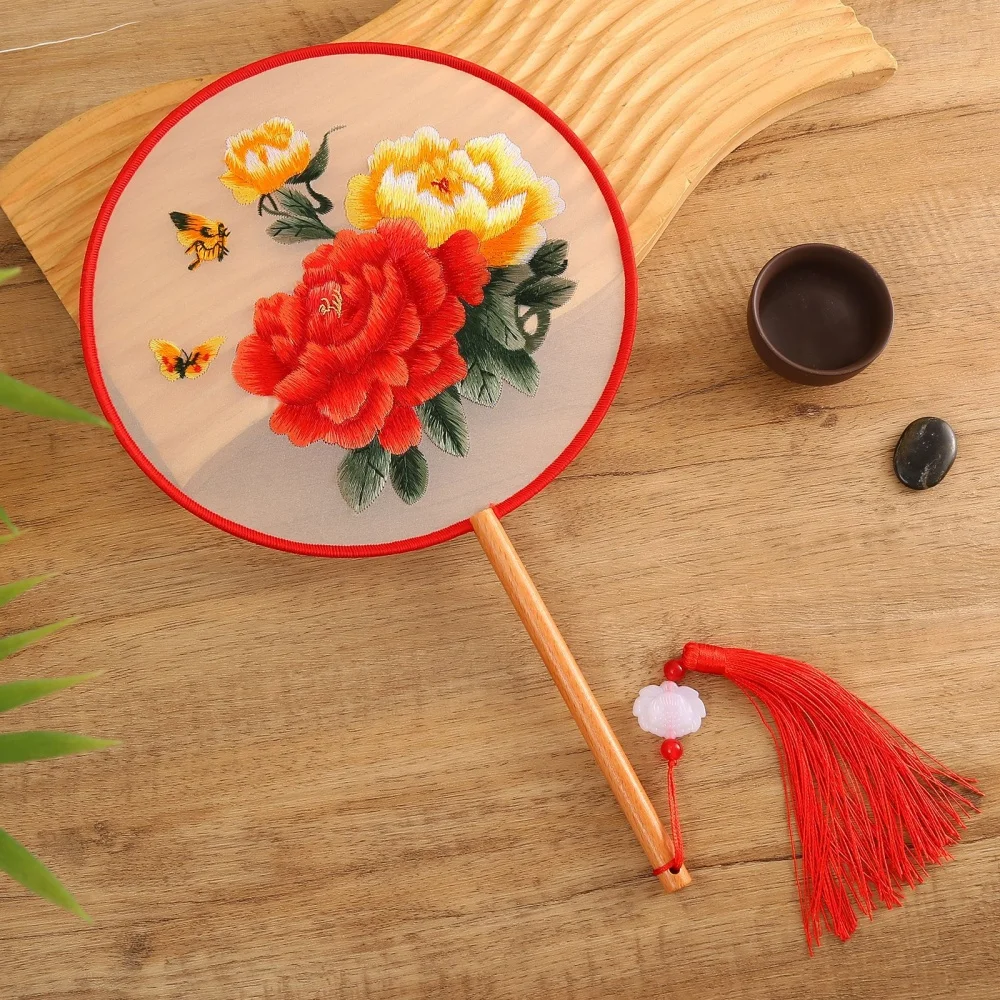 Vintage Hand Fan Chinese Style Flower Silk Double-sided Embroidered Round Fan Wedding Dance Fan Performance Props Home Decor