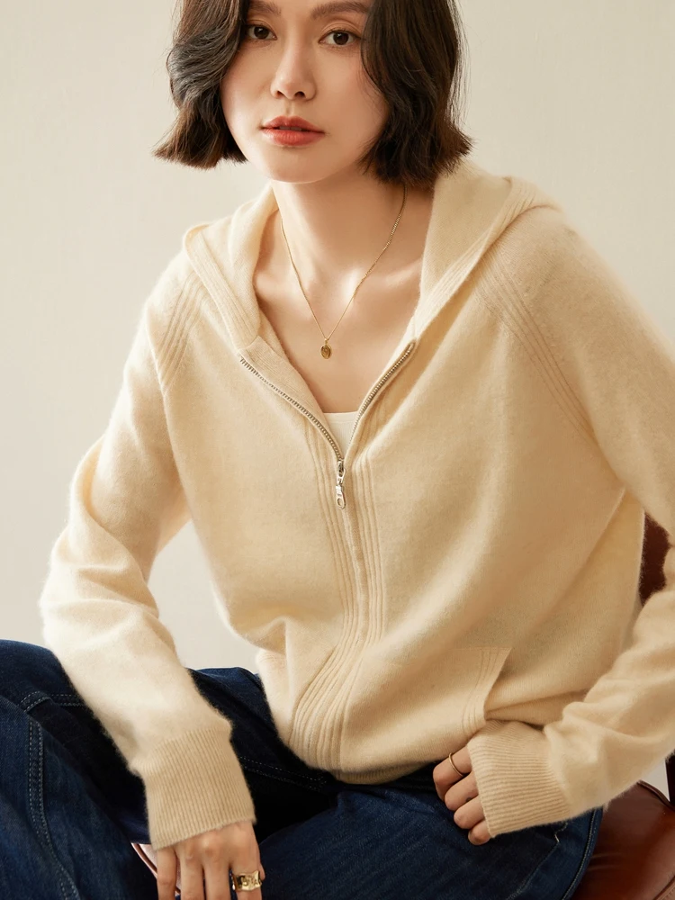 2025 New Arrivals Full-Zip Cardigan Constrictive cuffs 100% Cashmere Knitted Sweater Simple solid Color Tops