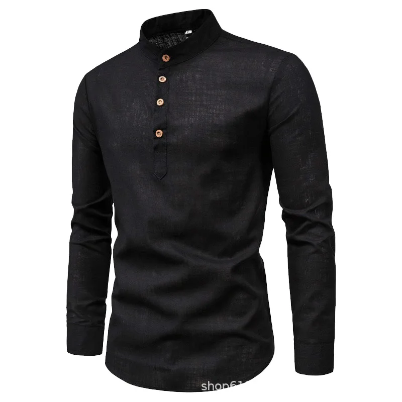 2024 New Men\'s Foreign Trade Leisure Long sleeved Four Seasons Solid Color Standing Neck Shirt