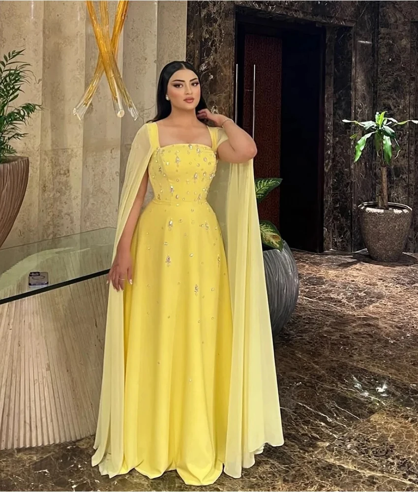 

Customized Luxury Satin A-Line Crystal shawl Evening Dress Delicate Square Neck Short SleevesFloor Length Celebrity Gowns